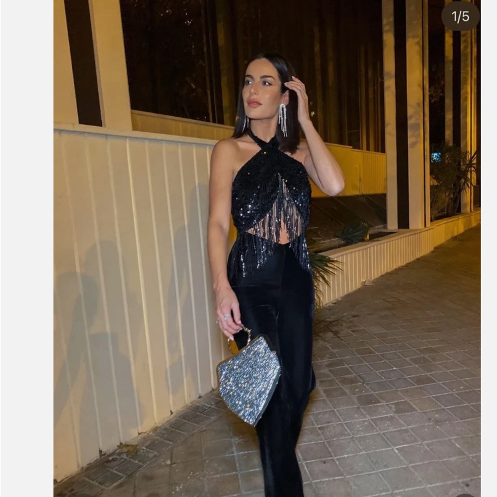COPY - FRINGED SEQUIN HALTER NECK JUMPSUIT